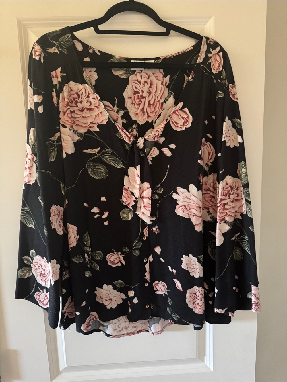 Somedays Lovin Black Floral Tie-Neck Blouse with Pink Roses
